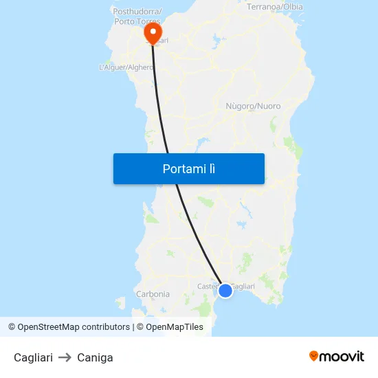 Cagliari to Caniga map