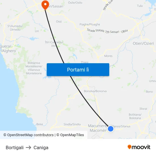 Bortigali to Caniga map