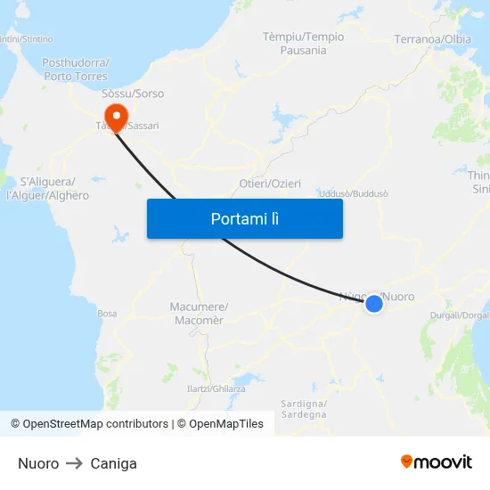 Nuoro to Caniga map