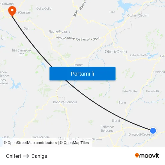 Oniferi to Caniga map
