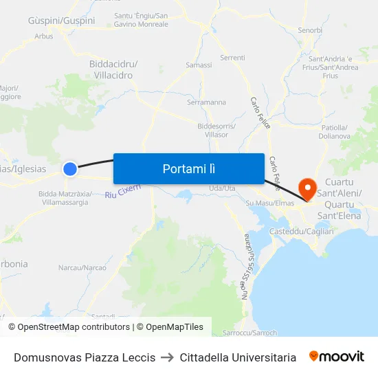 Domusnovas Piazza Leccis to Cittadella Universitaria map