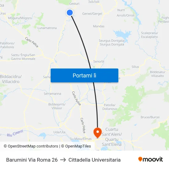 Barumini Via Roma 26 to Cittadella Universitaria map