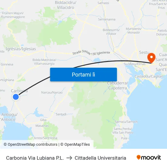 Carbonia Via Lubiana P.L. to Cittadella Universitaria map