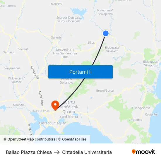 Ballao Piazza Chiesa to Cittadella Universitaria map