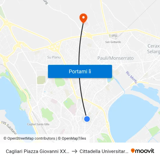 Cagliari Piazza Giovanni XXIII to Cittadella Universitaria map