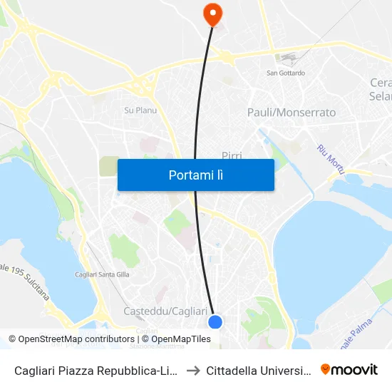 Cagliari Piazza Repubblica-Libreria to Cittadella Universitaria map