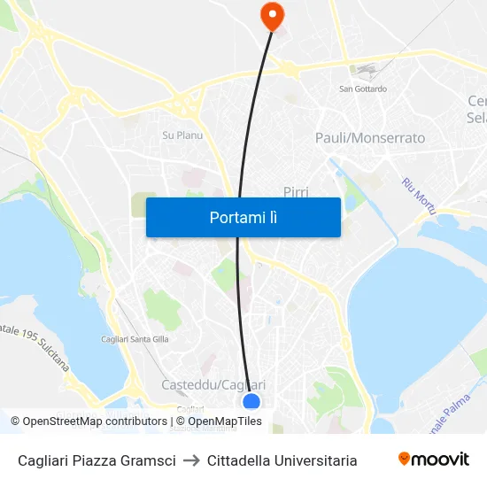 Cagliari Piazza Gramsci to Cittadella Universitaria map