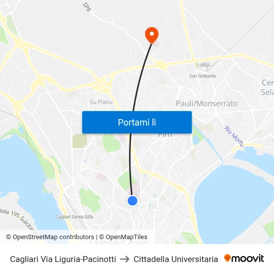 Cagliari Via Liguria-Pacinotti to Cittadella Universitaria map