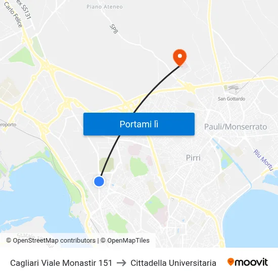 Cagliari Viale Monastir 151 to Cittadella Universitaria map
