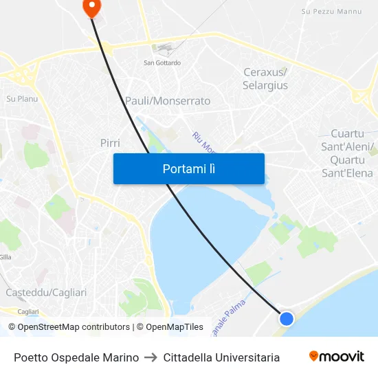 Poetto Ospedale Marino to Cittadella Universitaria map