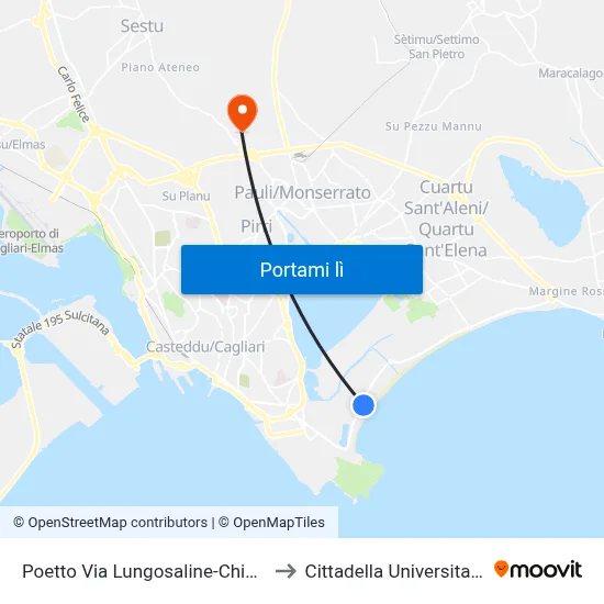 Poetto Via Lungosaline-Chiesa to Cittadella Universitaria map