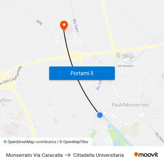 Monserrato Via Caracalla to Cittadella Universitaria map