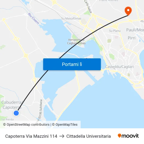 Capoterra Via Mazzini 114 to Cittadella Universitaria map
