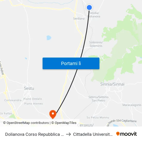 Dolianova Corso Repubblica 256 to Cittadella Universitaria map