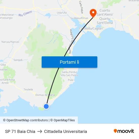 SP 71 Baia Chia to Cittadella Universitaria map