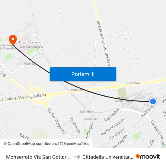 Monserrato Via San Gottardo to Cittadella Universitaria map