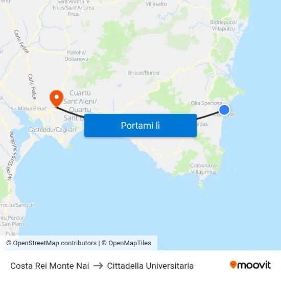 Costa Rei Monte Nai to Cittadella Universitaria map