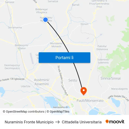 Nuraminis Fronte Municipio to Cittadella Universitaria map