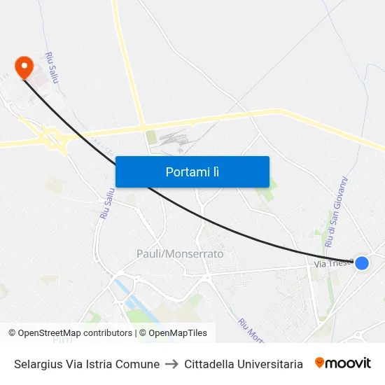 Selargius Via Istria Comune to Cittadella Universitaria map