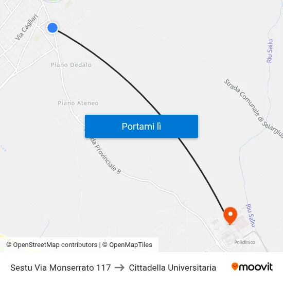 Sestu Via Monserrato 117 to Cittadella Universitaria map