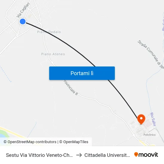 Sestu Via Vittorio Veneto-Chiesa to Cittadella Universitaria map