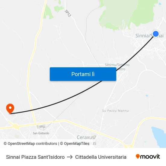 Sinnai Piazza Sant'Isidoro to Cittadella Universitaria map