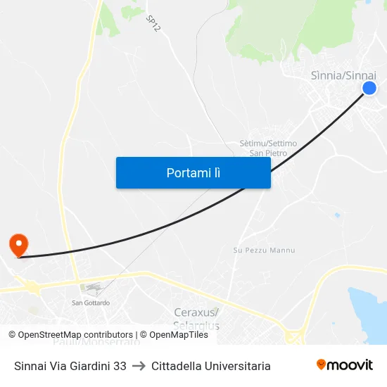 Sinnai Via Giardini 33 to Cittadella Universitaria map