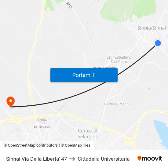 Sinnai Via Della Liberta' 47 to Cittadella Universitaria map
