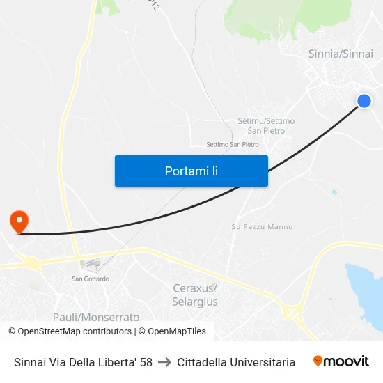 Sinnai Via Della Liberta' 58 to Cittadella Universitaria map