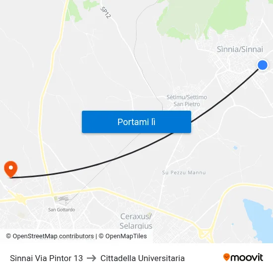 Sinnai Via Pintor 23 to Cittadella Universitaria map
