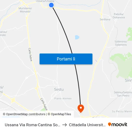 Ussana Via Roma-Cantina Sociale to Cittadella Universitaria map