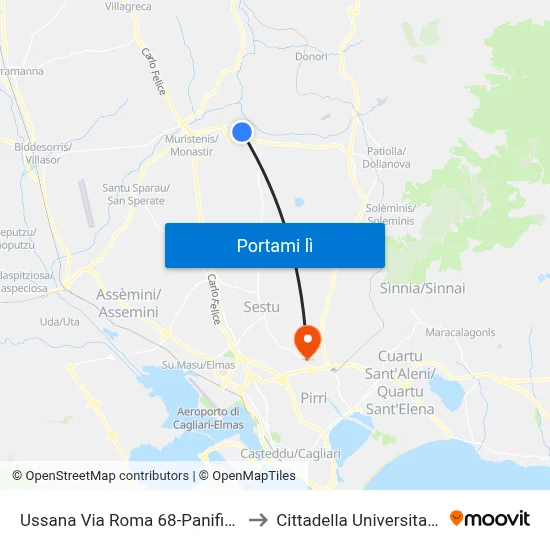 Ussana Via Roma 68-Panificio to Cittadella Universitaria map