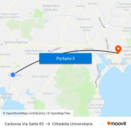 Carbonia Via Satta 85 to Cittadella Universitaria map
