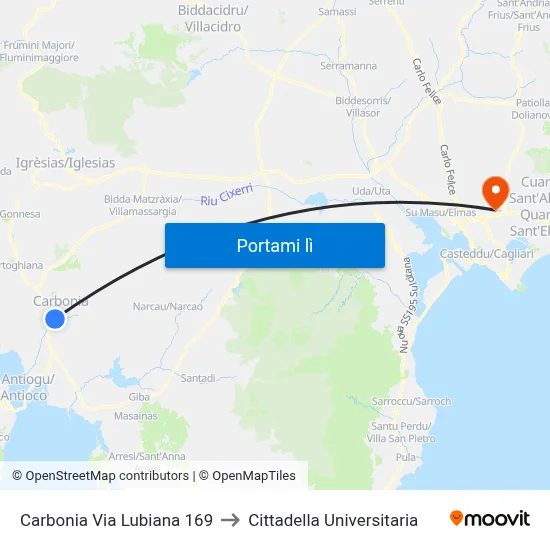 Carbonia Via Lubiana 169 to Cittadella Universitaria map