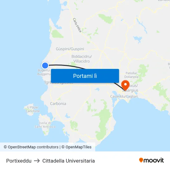 Portixeddu to Cittadella Universitaria map