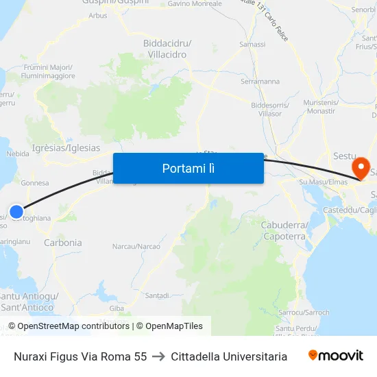 Nuraxi Figus Via Roma 55 to Cittadella Universitaria map