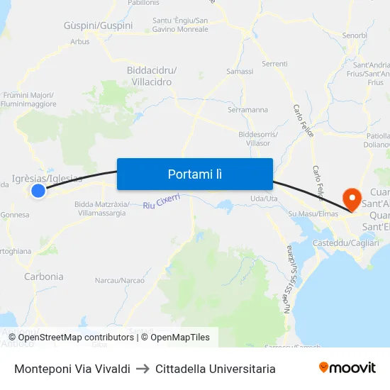 Monteponi Via Vivaldi to Cittadella Universitaria map