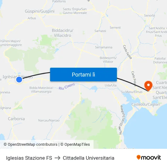 Iglesias Stazione FS to Cittadella Universitaria map