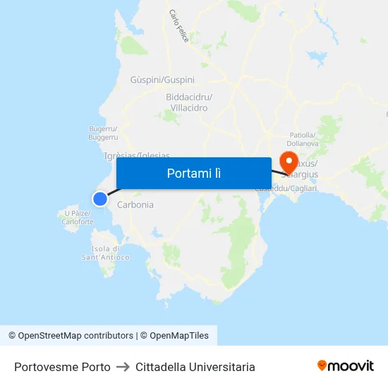 Portovesme Porto to Cittadella Universitaria map