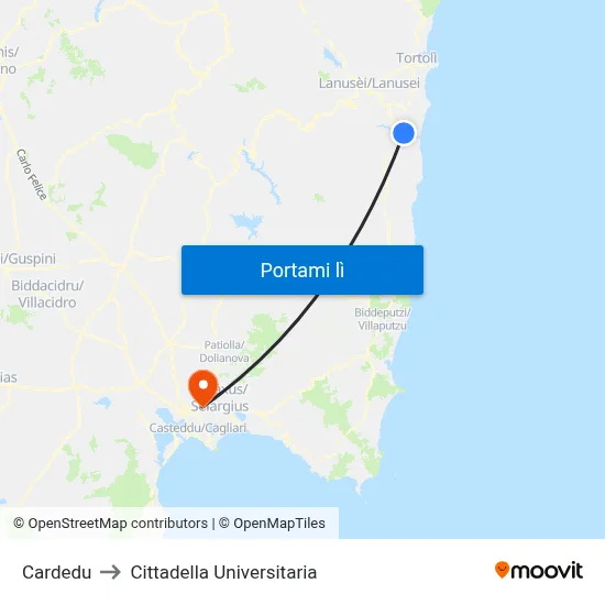 Cardedu to Cittadella Universitaria map