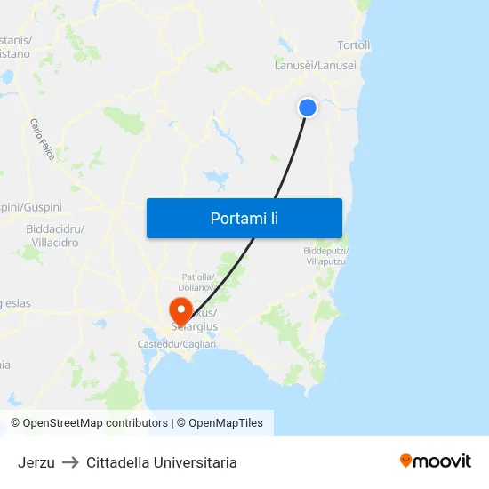 Jerzu to Cittadella Universitaria map