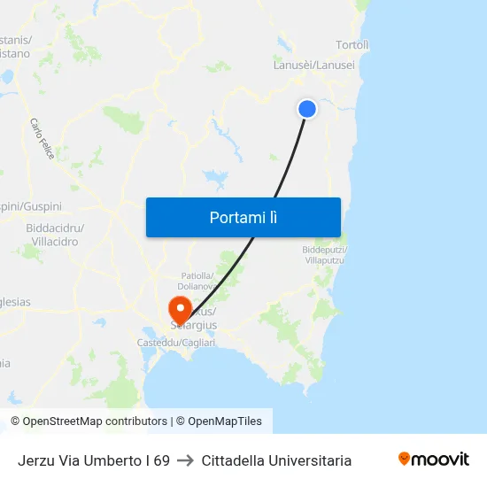 Jerzu Via Umberto I 69 to Cittadella Universitaria map