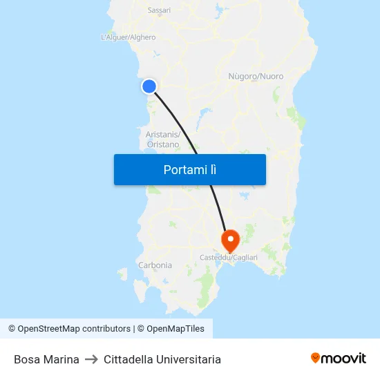 Bosa Marina to Cittadella Universitaria map