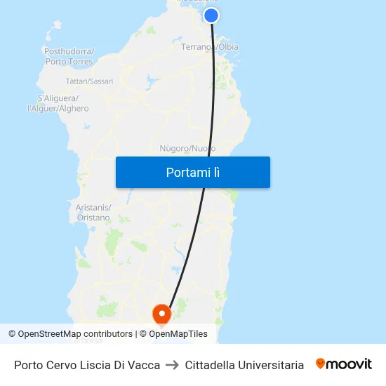 Porto Cervo Liscia Di Vacca to Cittadella Universitaria map