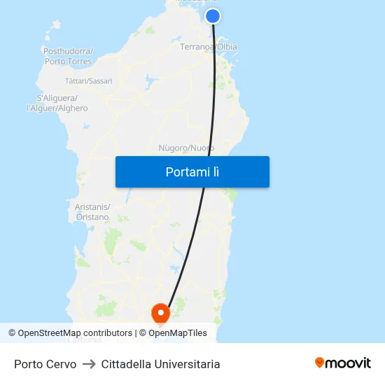 Porto Cervo to Cittadella Universitaria map