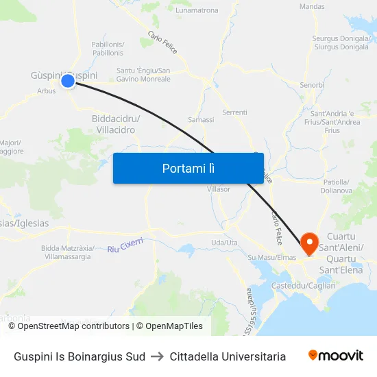 Guspini Is Boinargius Sud to Cittadella Universitaria map