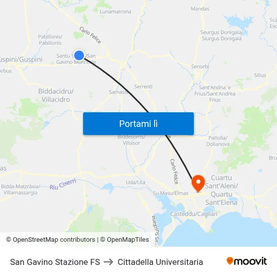 San Gavino Stazione FS to Cittadella Universitaria map