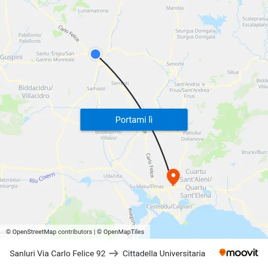 Sanluri Via Carlo Felice 92 to Cittadella Universitaria map