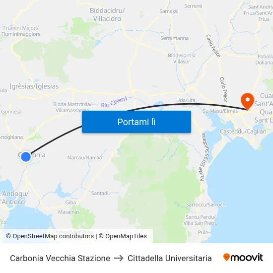 Carbonia Vecchia Stazione to Cittadella Universitaria map