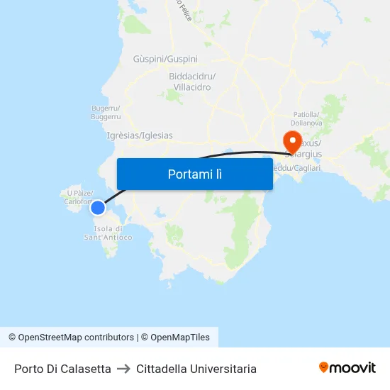 Calasetta (Itcls) to Cittadella Universitaria map